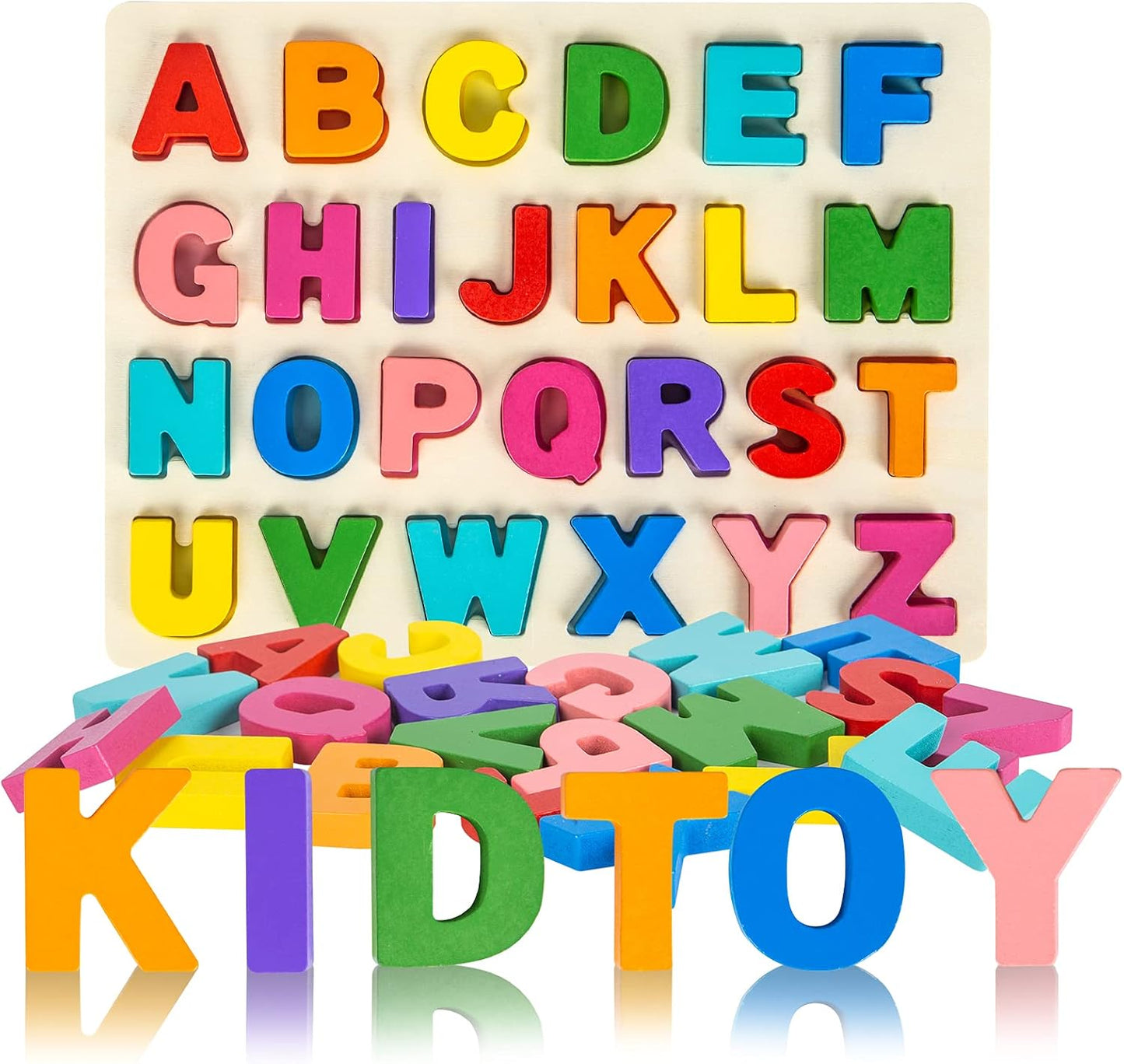 Alphabet Puzzle Wooden Learning Board for Toddlers Ages 3-5, ABC Shape Matching Puzzle with Letter Blocks, Montessori Preschool Educational Toy for Boys & Girls