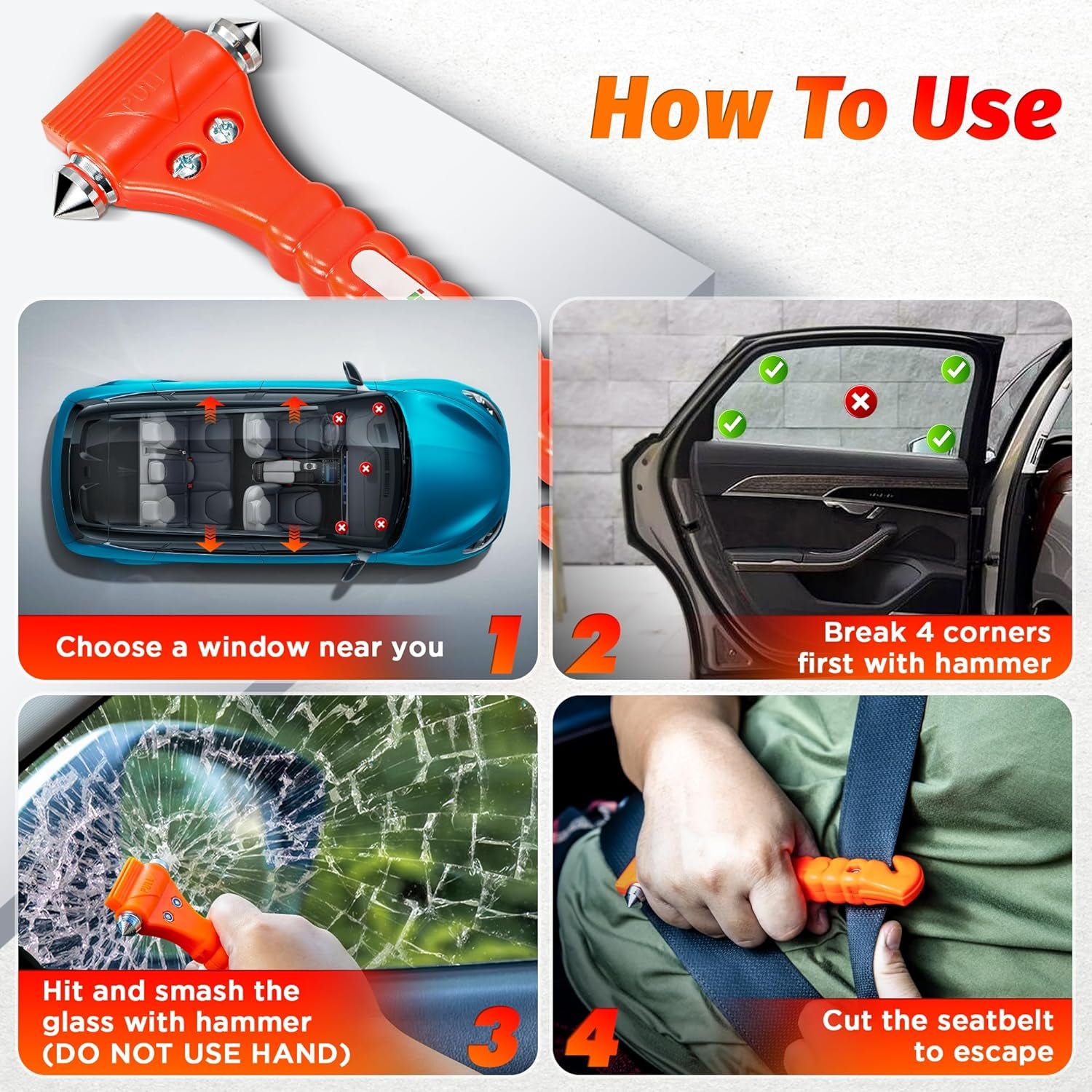 Car Emergency Escape Tool 2 in 1 - Window Breaker and Seatbelt Cutter - Life Saving Safety Hammer