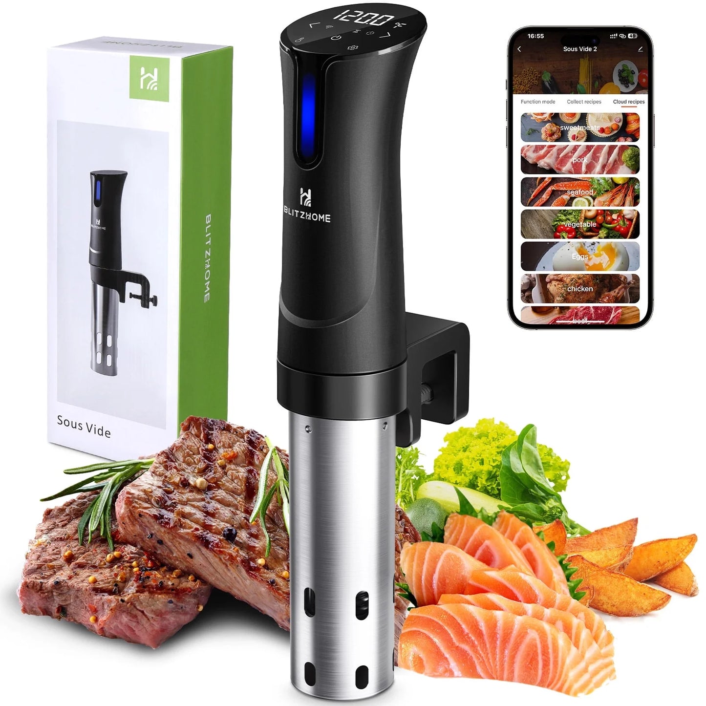 BlitzHome WIFI Sous Vide Cooker 1100W - Precision Immersion Circulator with App Control & Fast Heating