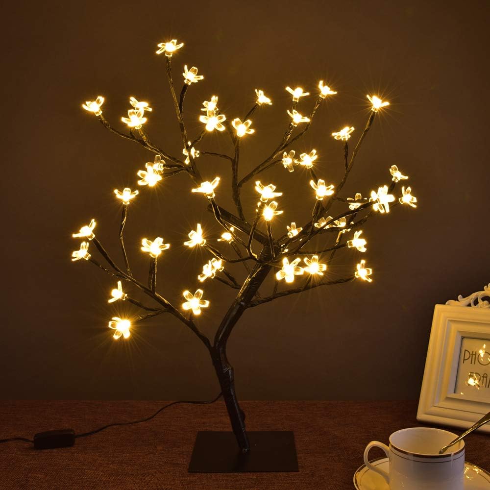 Cherry Blossom LED Bonsai Tree Light - 18’’ Warm White Decorative Lamp with 48 LEDs, Adjustable Branches, Metal Base, Night Light for Bedroom, Living Room & Gifts
