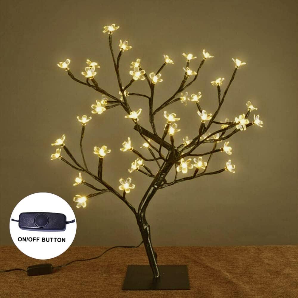 Cherry Blossom LED Bonsai Tree Light - 18’’ Warm White Decorative Lamp with 48 LEDs, Adjustable Branches, Metal Base, Night Light for Bedroom, Living Room & Gifts