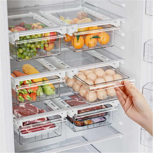 SNSLXH 2 Pack Refrigerator Drawer Organizer – Pull-Out Transparent Fridge Storage Drawers for Eggs, Fruit, Veggies, Meat & Seafood – Fits All Fridge Shelves Under 0.6''
