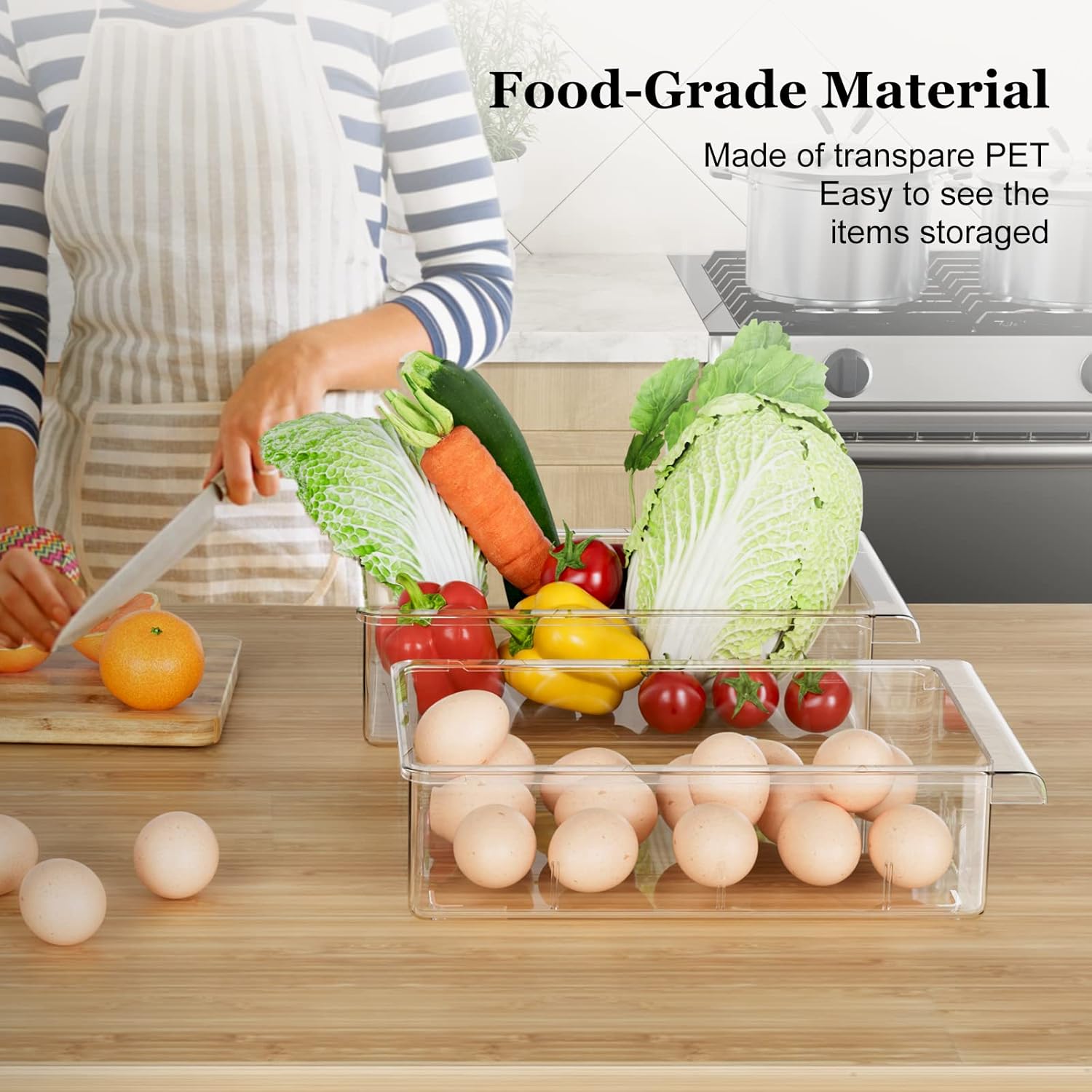 SNSLXH 2 Pack Refrigerator Drawer Organizer – Pull-Out Transparent Fridge Storage Drawers for Eggs, Fruit, Veggies, Meat & Seafood – Fits All Fridge Shelves Under 0.6''