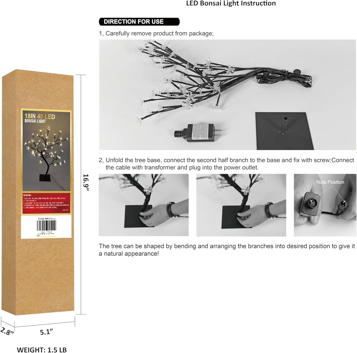 Cherry Blossom LED Bonsai Tree Light - 18’’ Warm White Decorative Lamp with 48 LEDs, Adjustable Branches, Metal Base, Night Light for Bedroom, Living Room & Gifts