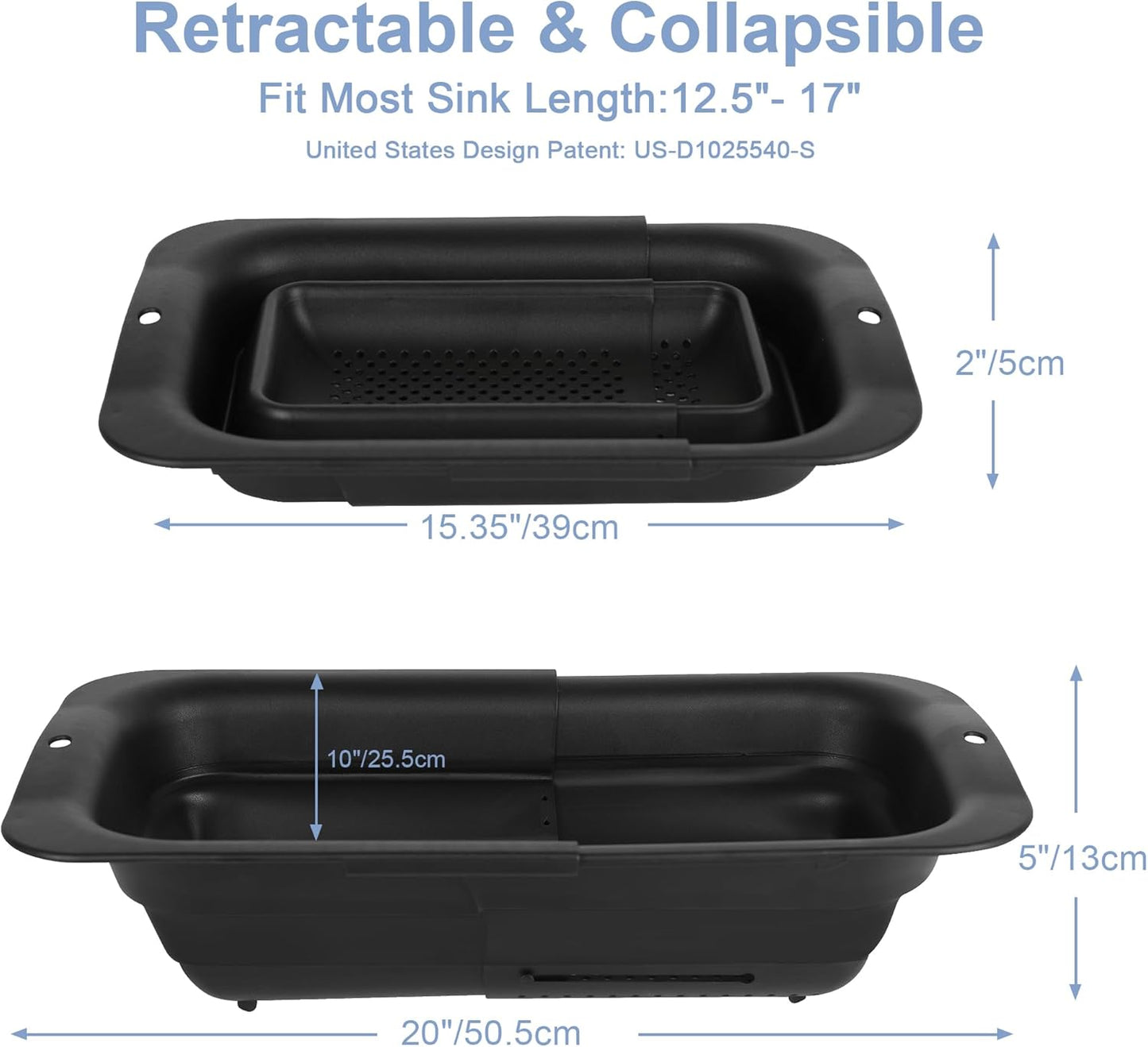 ROTTOGOON 7Qt Collapsible Over-the-Sink Colander – Expandable Adjustable Silicone Strainer Basket for Washing Vegetables, Fruit, Pasta, 15" to 19" – Black