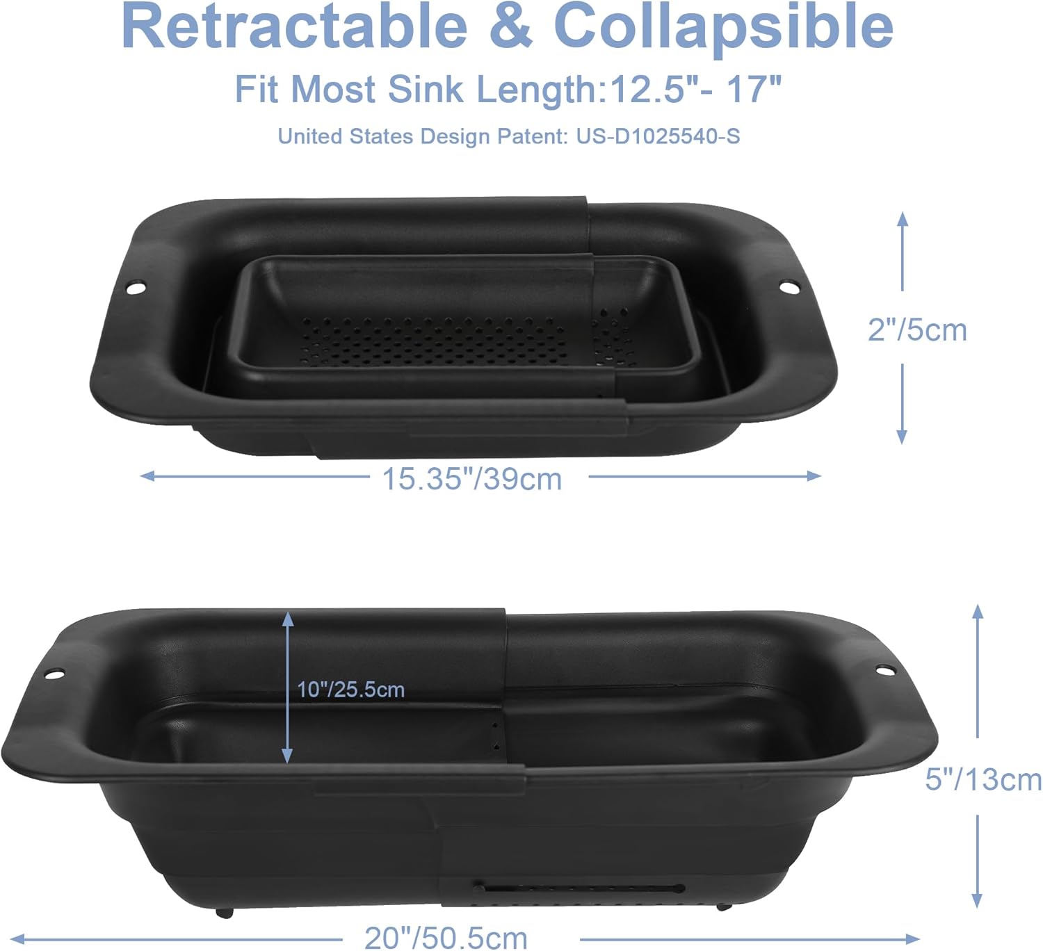 ROTTOGOON 7Qt Collapsible Over-the-Sink Colander – Expandable Adjustable Silicone Strainer Basket for Washing Vegetables, Fruit, Pasta, 15" to 19" – Black