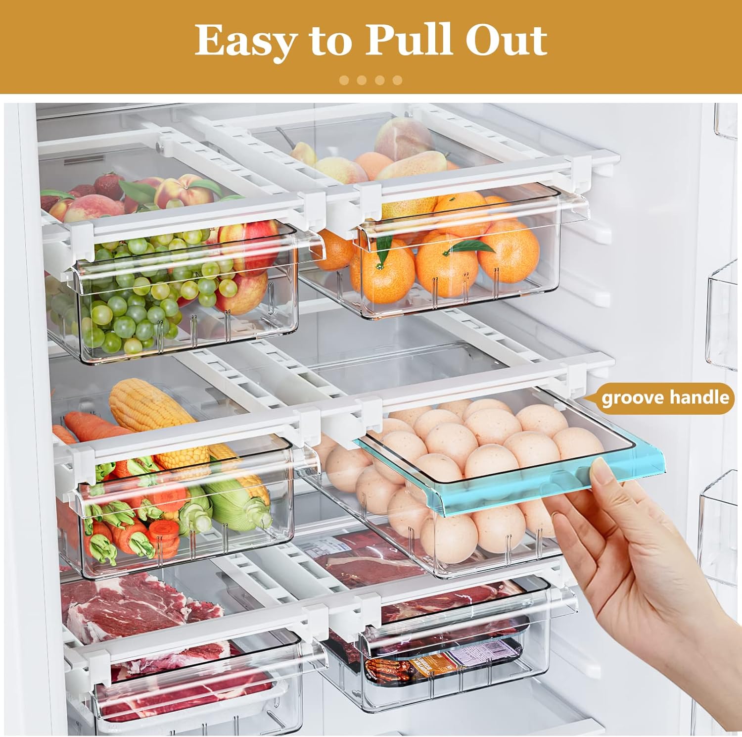SNSLXH 2 Pack Refrigerator Drawer Organizer – Pull-Out Transparent Fridge Storage Drawers for Eggs, Fruit, Veggies, Meat & Seafood – Fits All Fridge Shelves Under 0.6''