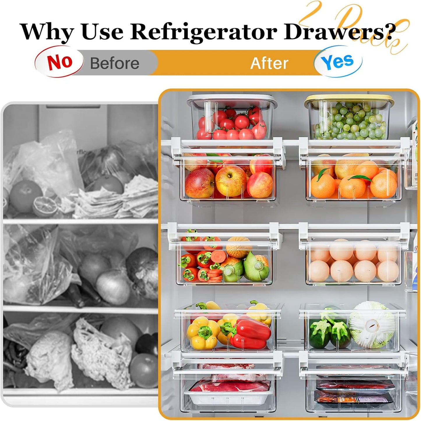 SNSLXH 2 Pack Refrigerator Drawer Organizer – Pull-Out Transparent Fridge Storage Drawers for Eggs, Fruit, Veggies, Meat & Seafood – Fits All Fridge Shelves Under 0.6''