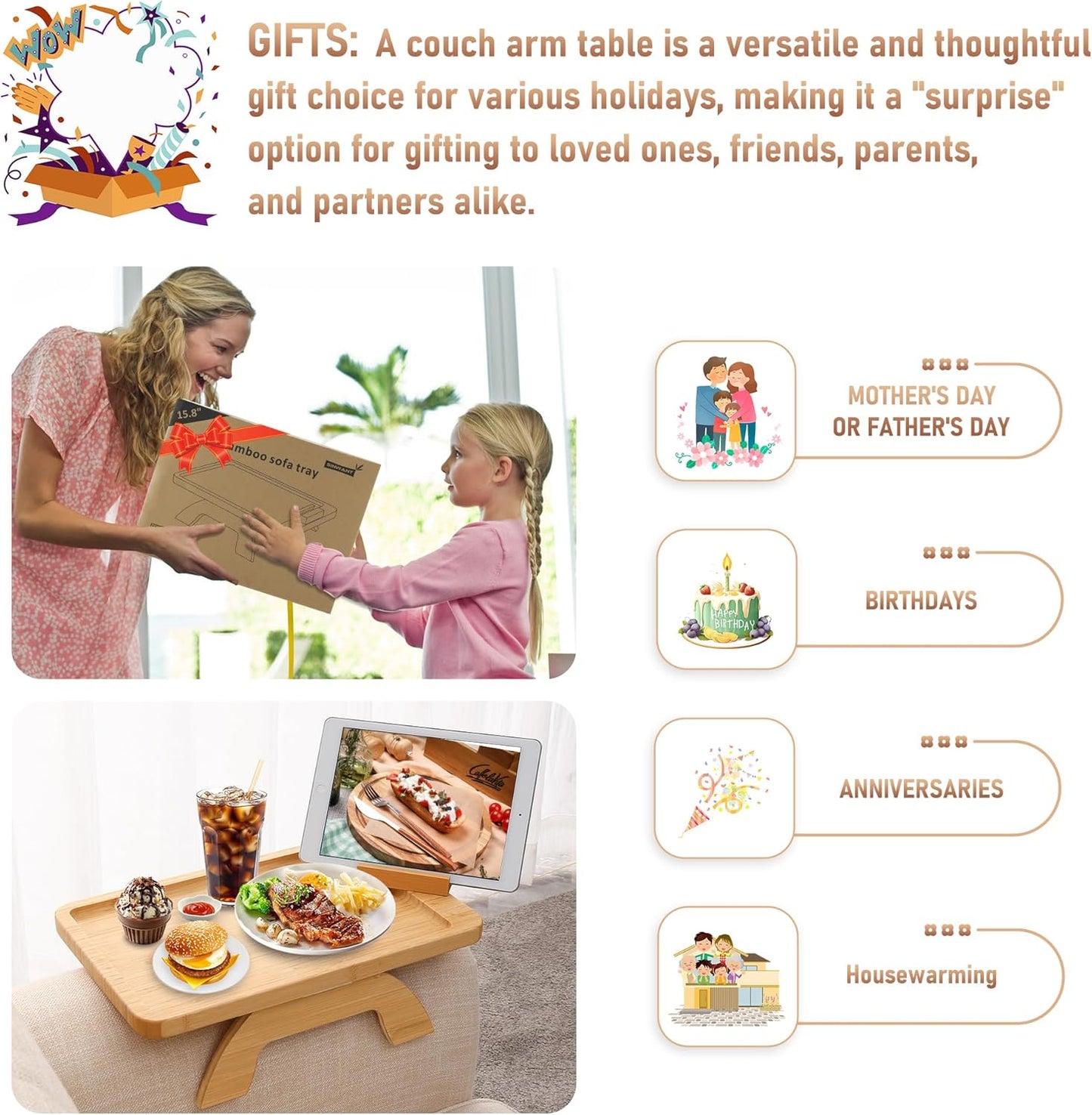 Premium Bamboo Couch Arm Tray with 360° Phone Holder – The Smart Way to Relax in Comfort