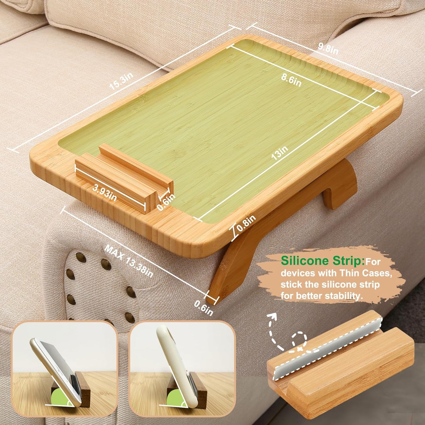 Premium Bamboo Couch Arm Tray with 360° Phone Holder – The Smart Way to Relax in Comfort