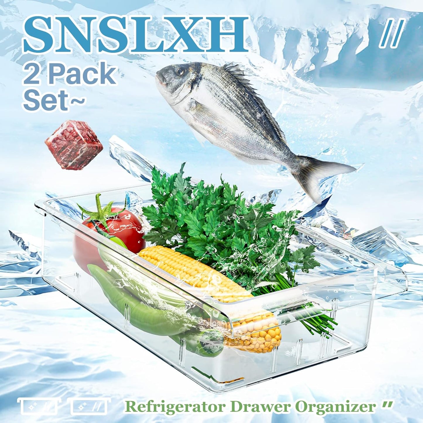 SNSLXH 2 Pack Refrigerator Drawer Organizer – Pull-Out Transparent Fridge Storage Drawers for Eggs, Fruit, Veggies, Meat & Seafood – Fits All Fridge Shelves Under 0.6''