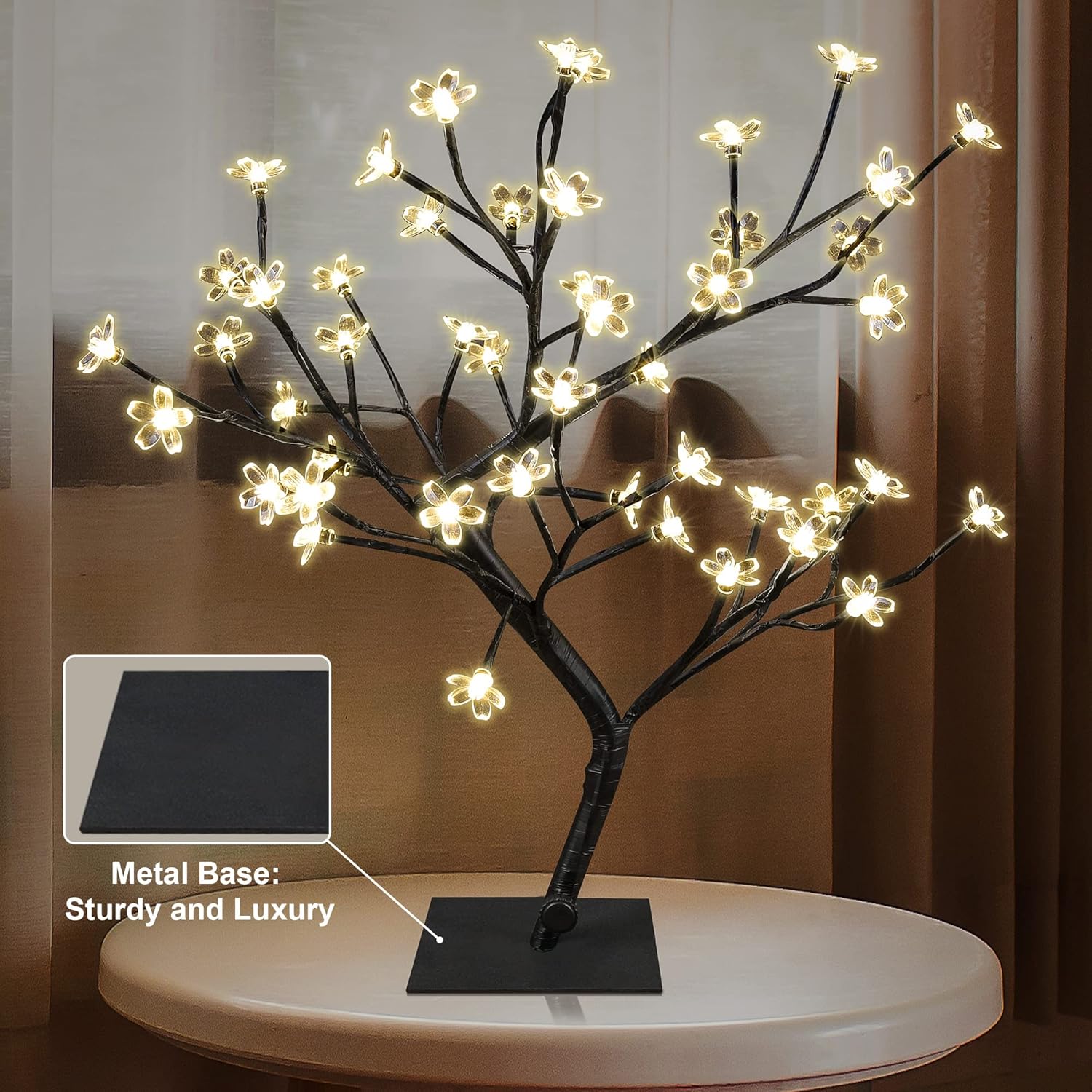 Cherry Blossom LED Bonsai Tree Light - 18’’ Warm White Decorative Lamp with 48 LEDs, Adjustable Branches, Metal Base, Night Light for Bedroom, Living Room & Gifts