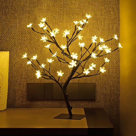 Cherry Blossom LED Bonsai Tree Light - 18’’ Warm White Decorative Lamp with 48 LEDs, Adjustable Branches, Metal Base, Night Light for Bedroom, Living Room & Gifts