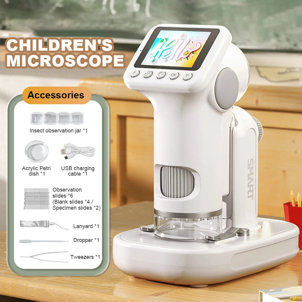 Kids Digital Microscope 100–1600X with 2 Inch HD Screen – Portable Handheld STEM Science Microscope with LED Light, Photo & Video Recording, Educational Gift for Boys & Girls