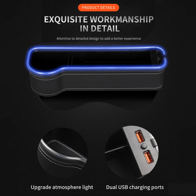 Car Seat Gap Filler With LED Cup Holder & Dual USB Fast Charge – 7-Color Ambient Light Storage Organizer