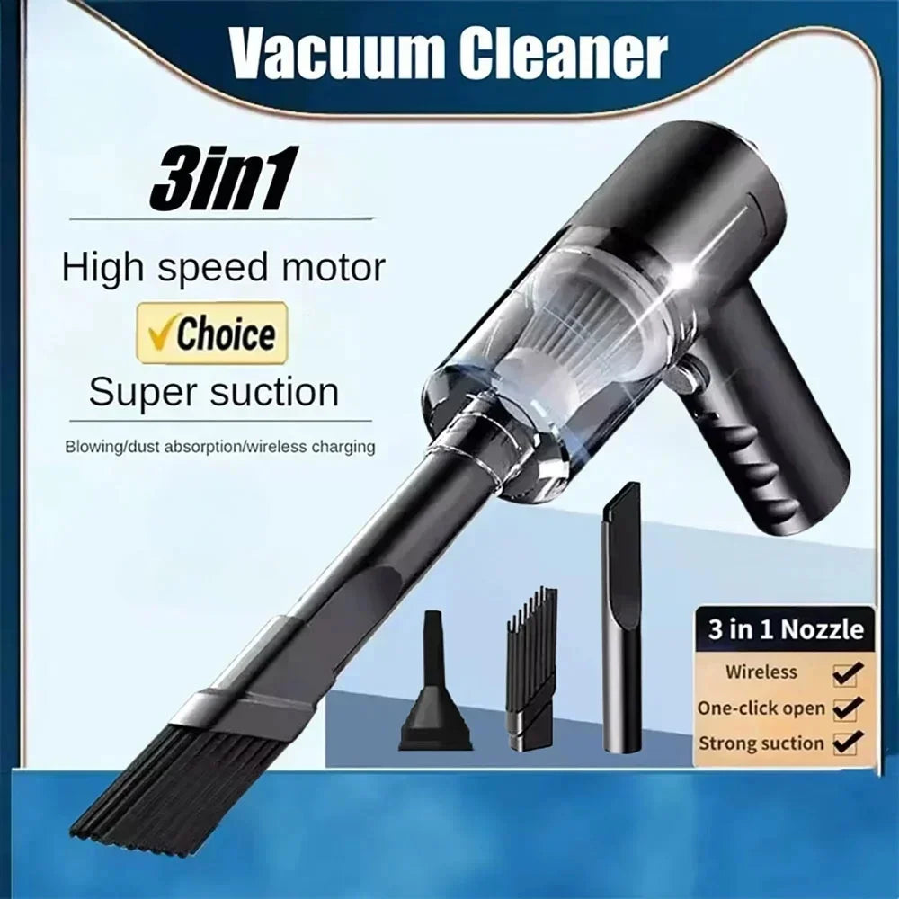 3-in-1 Portable Vacuum Cleaner – USB Rechargeable Mini Suction and Blowing Device for Cars and Home – Powerful 15,000Pa Handheld Cleaner with Reusable HEPA Filter