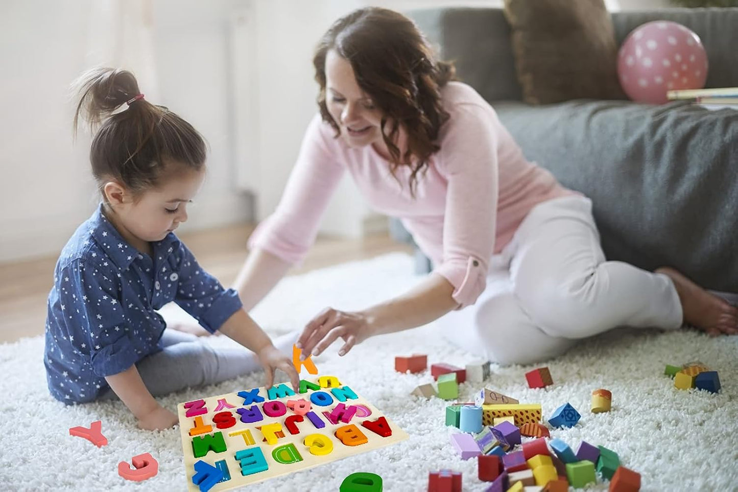 Alphabet Puzzle Wooden Learning Board for Toddlers Ages 3-5, ABC Shape Matching Puzzle with Letter Blocks, Montessori Preschool Educational Toy for Boys & Girls
